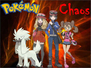 三位寵物小精靈訓練員和一隻狐狸寵物小精靈在帶有 'Pokémon Chaos' 文字的熾熱背景前英勇地擺姿勢。 — 狗 壁紙