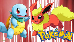 Squirtle 和 Flareon 互相微笑，帶有 Pokémon 標誌
