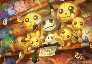 裝滿色彩繽紛的寶可夢毛公仔並帶有價格標籤的架子。