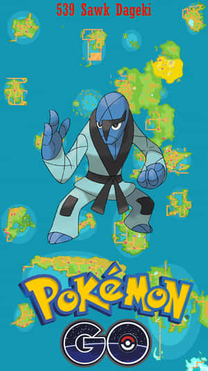 Sawk寶可夢擺出格鬥姿勢，帶有遊戲地圖碎片和Pokémon GO標誌。 — 可愛寵物小精靈 壁紙