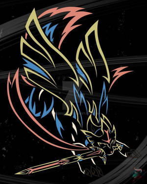 一隻霓虹色的龍，帶有翅膀和劍，劃過黑暗的宇宙場景。 — 藝術 壁紙