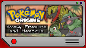 Pokémon Origins 標題畫面，背景為熱帶，包含 Axew Fraxure 和 Haxorus。