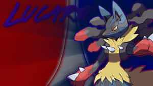 動漫風格的Lucario，紅藍背景，風格化文字。 — 寵物小精靈 劍與盾 壁紙