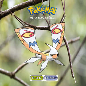帶有眼睛圖案翅膀的Mega Masquerain寶可夢棲息在樹枝上。