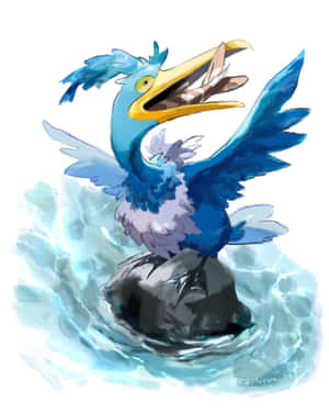 藍色鳥兒叼著魚站在水中的岩石上。