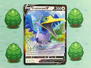 像素化Cramorant V Pokémon卡在綠色像素牆紙上，有樹木。