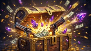 打開的寶箱裝滿了金幣、紫色水晶和現金，兩把左輪手槍飛出。 — 邊緣禁地3 壁紙