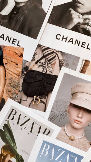 時尚雜誌跨頁，以Chanel和Harper's Bazaar為特色，展示模特兒和奢華配飾。