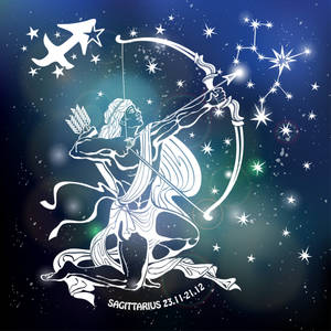 人馬座星座符號，以白色線條藝術弓箭手瞄準星空的形式呈現。 — 人馬座 壁紙