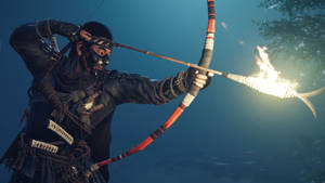 武士弓箭手在迷霧森林中瞄準燃燒的箭，黃昏 — 對馬戰鬼 GIF 壁紙