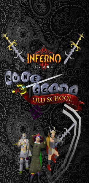 三位Runescape Old School冒險家站在帶有劍和漩渦圖案的Inferno標誌前。