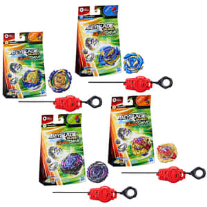 四個Beyblade Burst Quad Drive玩具套裝，附有陀螺和發射器，白色背景。