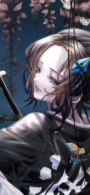 動漫女孩，紫色眼睛和深色頭髮，在紫藤藤蔓下與蝴蝶一起握劍。 — 鬼滅之刃 壁紙