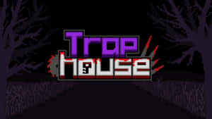 像素化遊戲標題 Trap House，在黑暗森林小徑上有血濺。