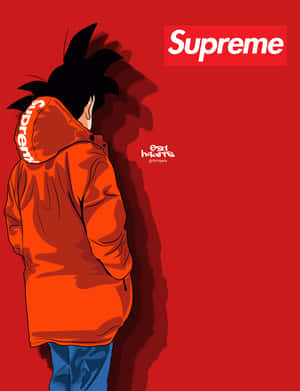 動漫角色穿著橙色Supreme連帽衫，紅色背景