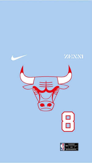 淺藍色背景上帶有Nike和Zenni品牌的芝加哥公牛隊標誌及數字8。 — 芝加哥公牛 壁紙