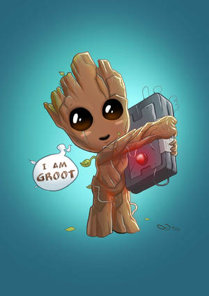 Chibi Groot 手持一個發光嘅裝置，上面有個對話氣泡寫住 I am Groot。 — OnePlus Pad 4 壁紙