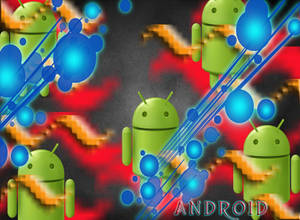 綠色Android吉祥物被發光的藍色球體和熾熱的像素軌跡包圍。