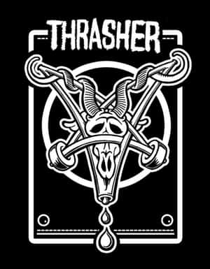 Thrasher雜誌標誌，帶有骷髏、角、鎖鏈和滴落的水滴