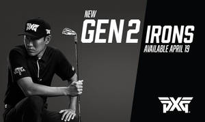 高爾夫球手手持PXG Gen2鐵桿與產品發布文字 — 高爾夫 壁紙