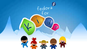 五個快樂的卡通小孩在Fedora for Kids標誌前，背景是山脈。