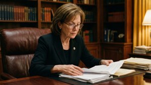 一位穿著西裝的女性在一個充滿書籍的辦公室的桌子上閱讀文件。