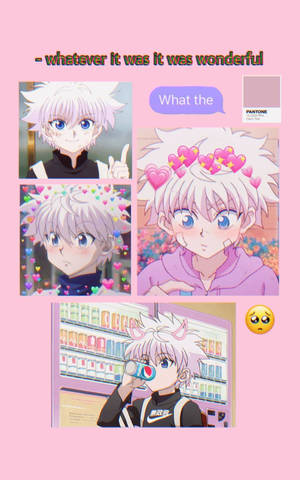 動畫角色奇犽（Killua）在粉紅色主題的拼貼畫中，帶有心形和俏皮場景。