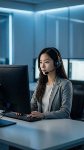 穿著灰色西裝外套的女性在現代辦公室戴著耳機使用電腦工作
