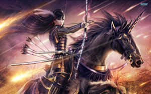 武士騎著獨角獸在熾熱的暴風雨中拉弓。