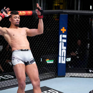 UFC拳手在八角籠內高舉雙臂慶祝勝利。