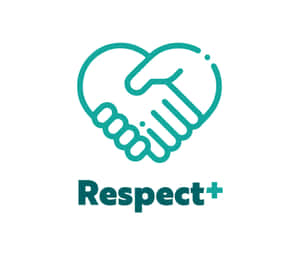 青綠色線條藝術標誌，握手的手形成心形，帶有文字 Respect+ — 圖像 GIF 壁紙