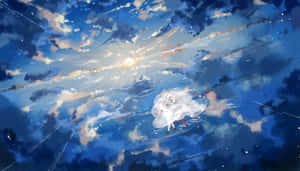 動漫女孩漂浮在藍天白雲中，身後有金色光芒。 — 靚靚動畫 壁紙