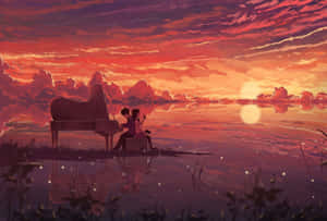 湖邊夕陽情侶，三角鋼琴剪影，水面閃爍倒影 — 復古美學 壁紙