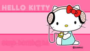 Hello Kitty 戴耳機在粉紅背景上手持黃色物品。