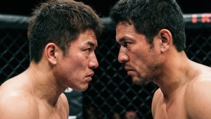 兩位男性拳手在綜合格鬥籠中對決。