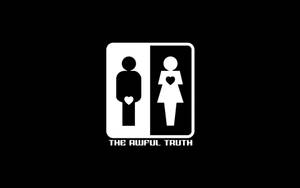 黑白洗手間符號標誌，帶有心形和文字「The Awful Truth」