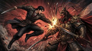一名人類戰士在熾熱的戰鬥場景中與一名惡魔昆蟲騎士戰鬥。 — 成振宇 壁紙