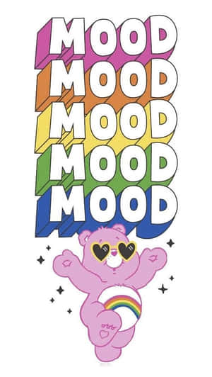 粉紅色卡通熊戴著心形太陽眼鏡和彩虹肚，在彩虹「MOOD」文字方塊下跳舞。