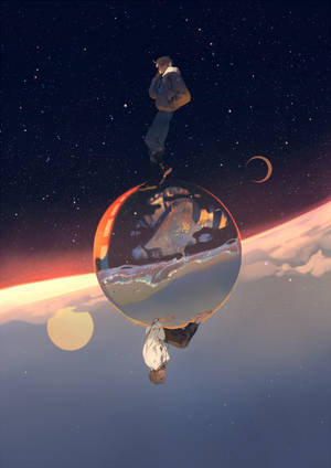 在一個有發光球體和新月的星空宇宙場景中，一個人站在一個反射球體上。