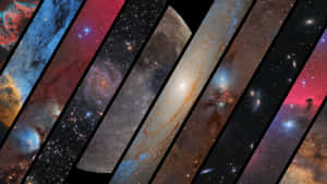 以對角線空間場景組成的拼貼畫，包含星系、星雲和恆星，色彩鮮豔。 — 太空美學 GIF 壁紙