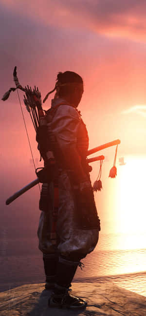 夕陽下水面上的武士剪影，手持弓箭和刀 — 銀河A 壁紙