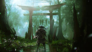 武士戰士站在迷霧森林中一座風化的鳥居前。