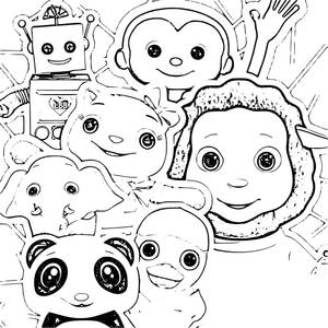 七個微笑的卡通角色，包括機械人、猴子、獅子、熊貓和鴨子。