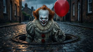 一個可怕的小丑在雨巷中從沙井升起，手持一個紅色氣球。 — Pennywise 壁紙
