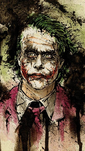 一幅水彩畫小丑肖像，妝容塗抹，頭髮狂野綠色。