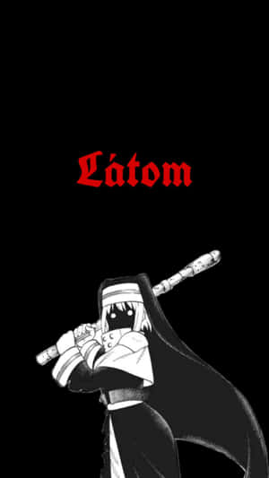 穿著連帽長袍的動漫角色，在黑色背景上手持帶有紅色文字 'Latom' 的法杖