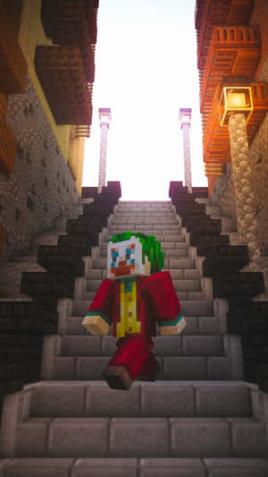 像素化小丑角色企喺Minecraft風格中世紀城市嘅石樓梯上。 — 遊戲 壁紙