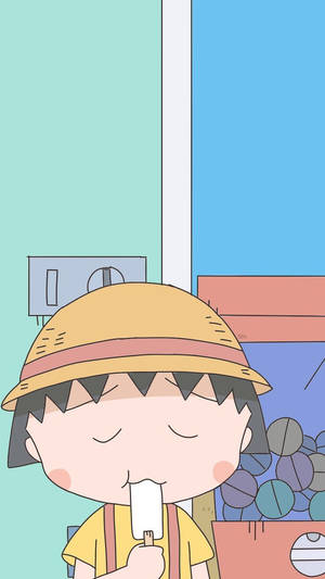 戴草帽的動畫小孩在室內近自動售賣機處享用冰棒。 — 崔宇植 GIF 壁紙