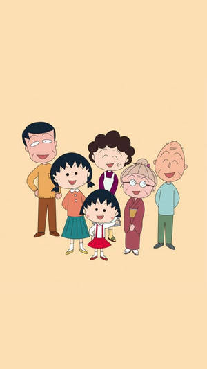 一個微笑的六人卡通家庭，穿著傳統日本服裝。