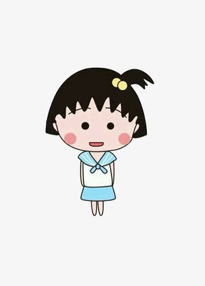 一個微笑的卡通女孩，穿著藍色水手服，黑色頭髮和黃色髮夾。